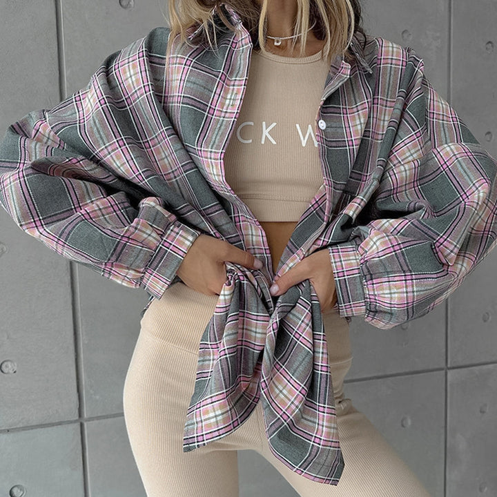 CALORA_ Retro Losse Kraag Blouse met Ruitpatroon