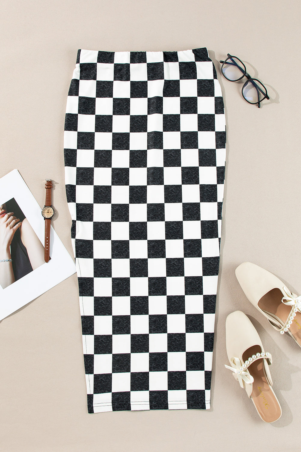 CALORA_ Retro Middellange Geruite Rok met Split voor Dames