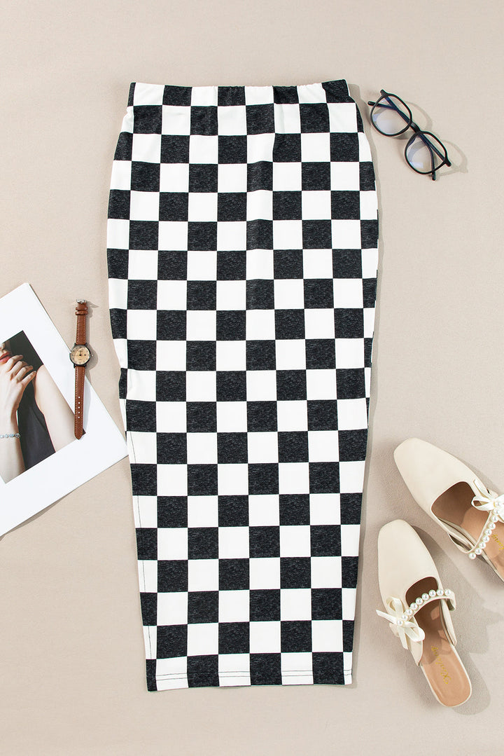 CALORA_ Retro Middellange Geruite Rok met Split voor Dames
