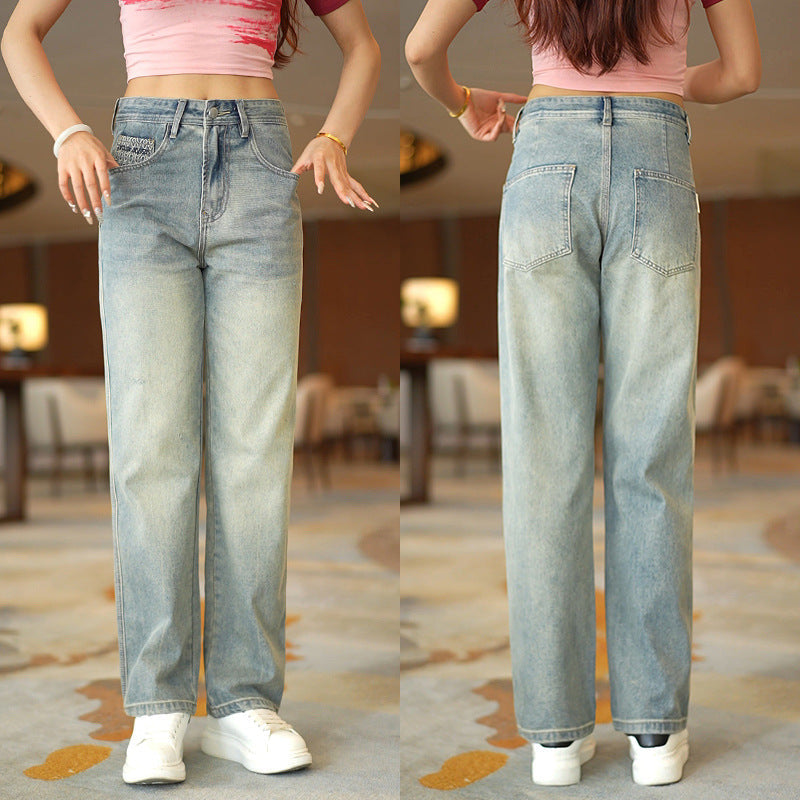 Retro rechte jeans met wijde pijpen, casual Spijkerbroek-Wijde Broeken-Calora-S-Calora