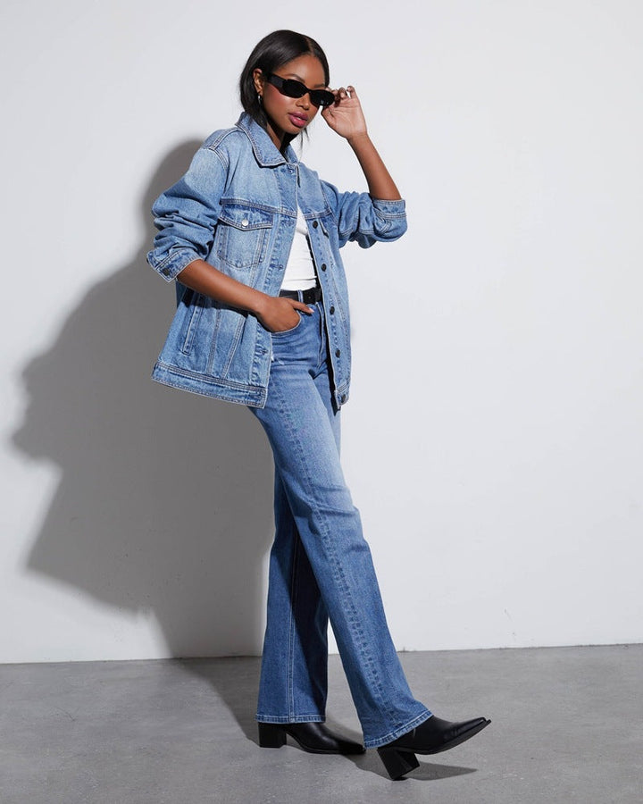 CALORA_ Dames Wijd Uitlopende Jeans Denim met Raw Zoom en Casual