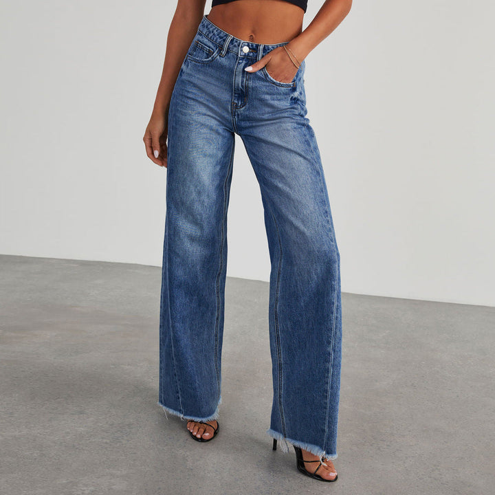 CALORA_ Dames Wijd Uitlopende Jeans Denim met Raw Zoom en Casual