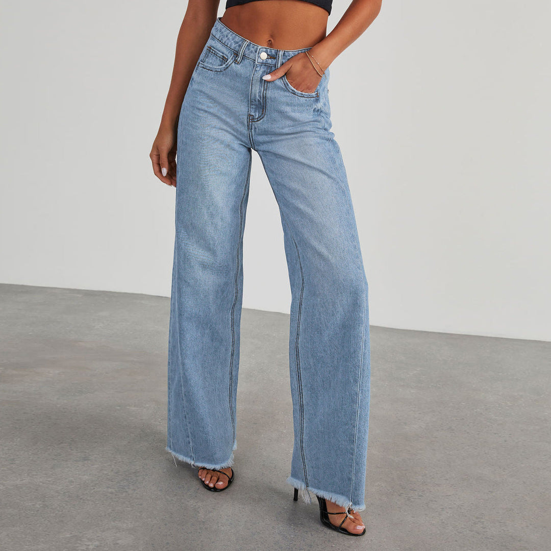 CALORA_ Dames Wijd Uitlopende Jeans Denim met Raw Zoom en Casual
