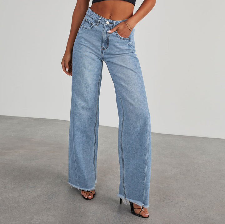 CALORA_ Dames Wijd Uitlopende Jeans Denim met Raw Zoom en Casual