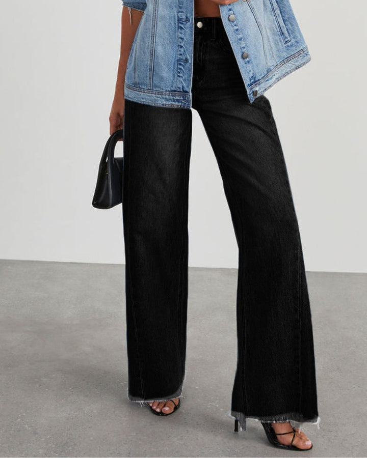 CALORA_ Dames Wijd Uitlopende Jeans Denim met Raw Zoom en Casual