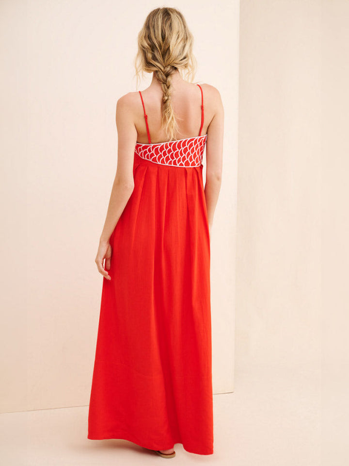Rode Maxi Jurk Met Visprint En Asymmetrische Top Voor Zomer-Zomer Jurken-Calora-8 - 10 (S)-Calora