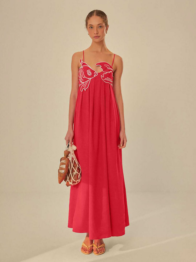 Rode Maxi Jurk Met Visprint En Asymmetrische Top Voor Zomer-Zomer Jurken-Calora-8 - 10 (S)-Calora