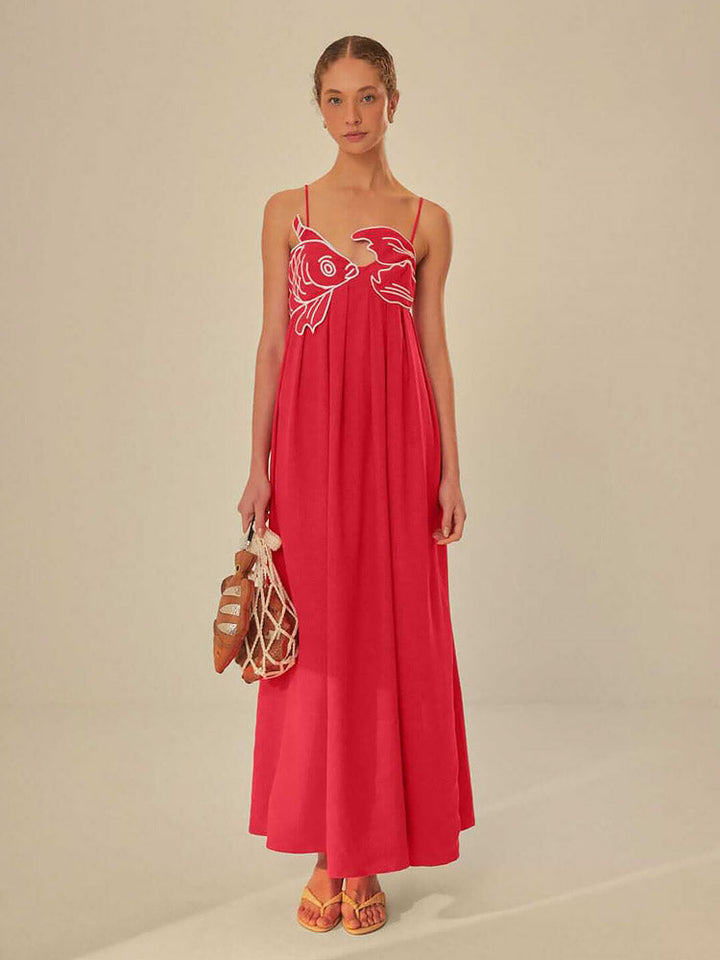 Rode Maxi Jurk Met Visprint En Asymmetrische Top Voor Zomer-Zomer Jurken-Calora-8 - 10 (S)-Calora