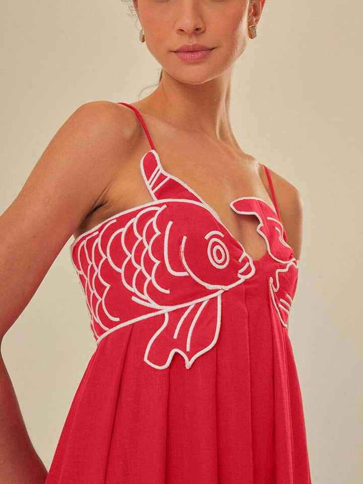 Rode Maxi Jurk Met Visprint En Asymmetrische Top Voor Zomer-Zomer Jurken-Calora-8 - 10 (S)-Calora
