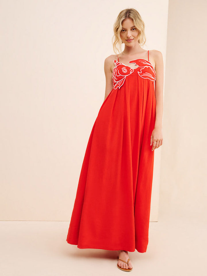 Rode Maxi Jurk Met Visprint En Asymmetrische Top Voor Zomer-Zomer Jurken-Calora-8 - 10 (S)-Calora