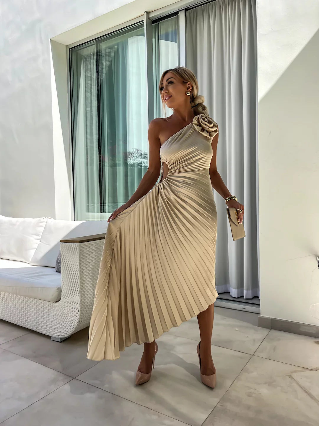 Romantische Bloemenjurk Met One Shoulder En Elegant-Feest Jurken-Calora-Groen-8 - 10 (S)-Calora