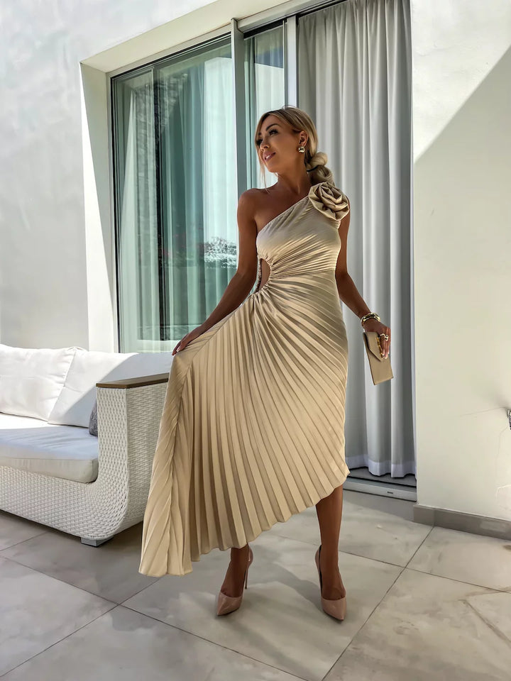 Romantische Bloemenjurk Met One Shoulder En Elegant-Feest Jurken-Calora-Groen-8 - 10 (S)-Calora