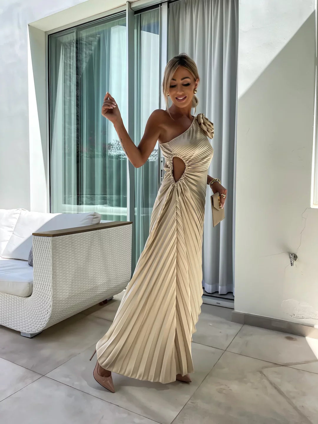 Romantische Bloemenjurk Met One Shoulder En Elegant-Feest Jurken-Calora-Groen-8 - 10 (S)-Calora