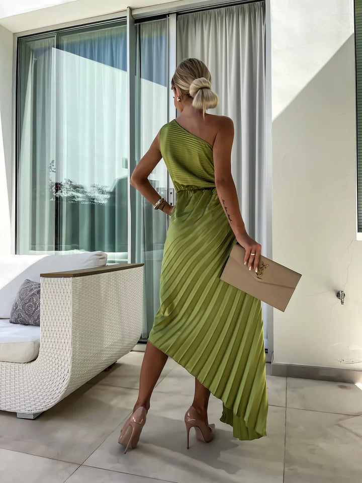 Romantische Bloemenjurk Met One Shoulder En Elegant-Feest Jurken-Calora-Groen-8 - 10 (S)-Calora