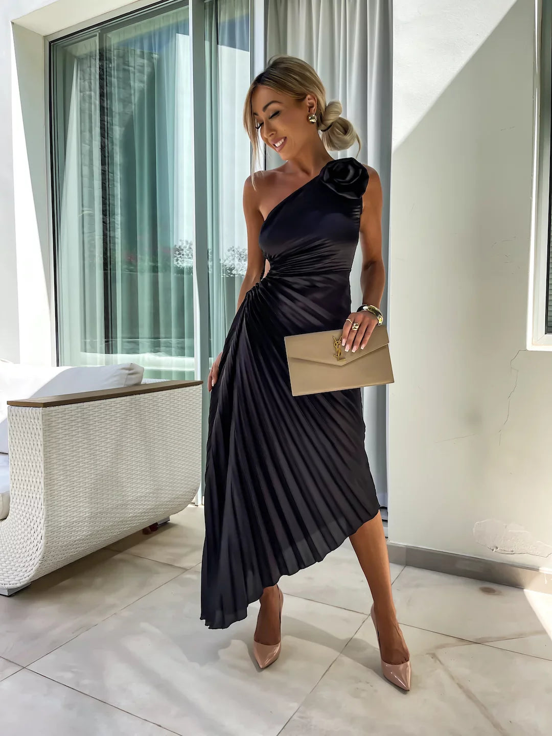 Romantische Bloemenjurk Met One Shoulder En Elegant-Feest Jurken-Calora-Groen-8 - 10 (S)-Calora