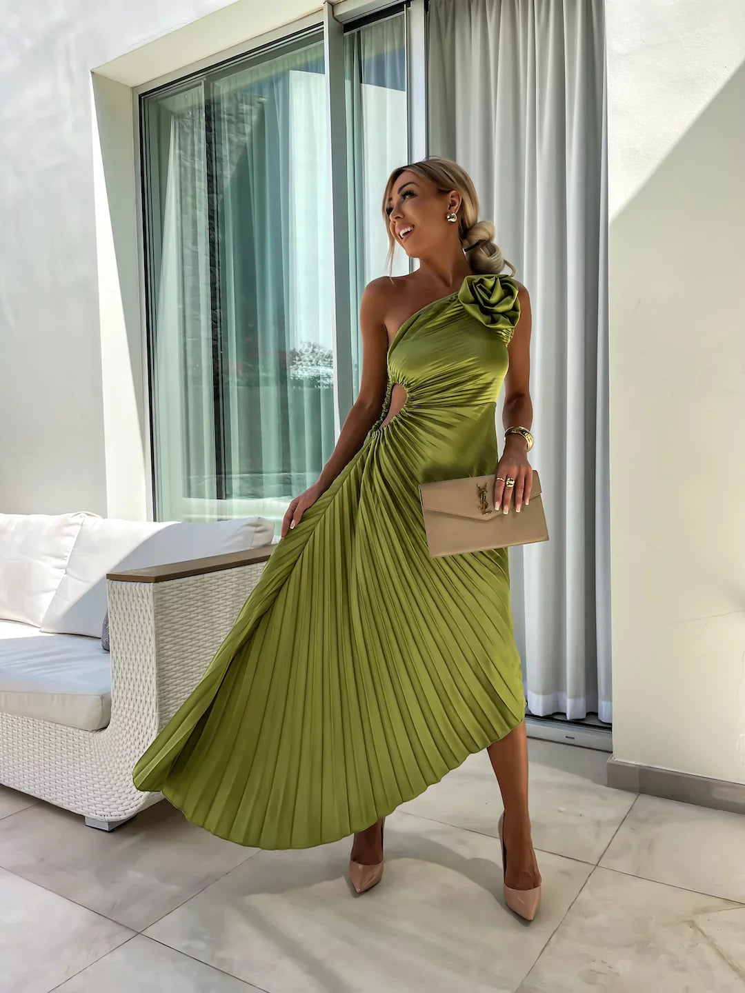 Romantische Bloemenjurk Met One Shoulder En Elegant-Feest Jurken-Calora-Groen-8 - 10 (S)-Calora