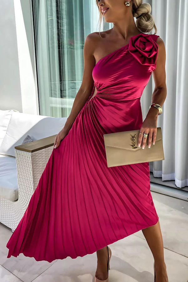Romantische Bloemenjurk Met One Shoulder En Elegant-Feest Jurken-Calora-Rood-8 - 10 (S)-Calora