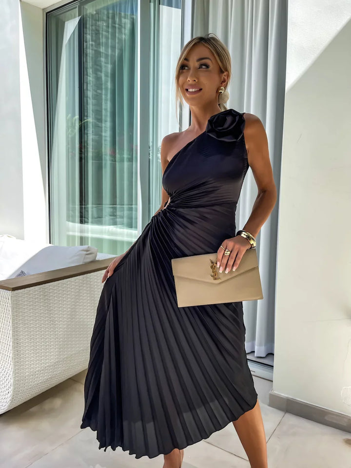 Romantische Bloemenjurk Met One Shoulder En Elegant-Feest Jurken-Calora-Zwart-8 - 10 (S)-Calora