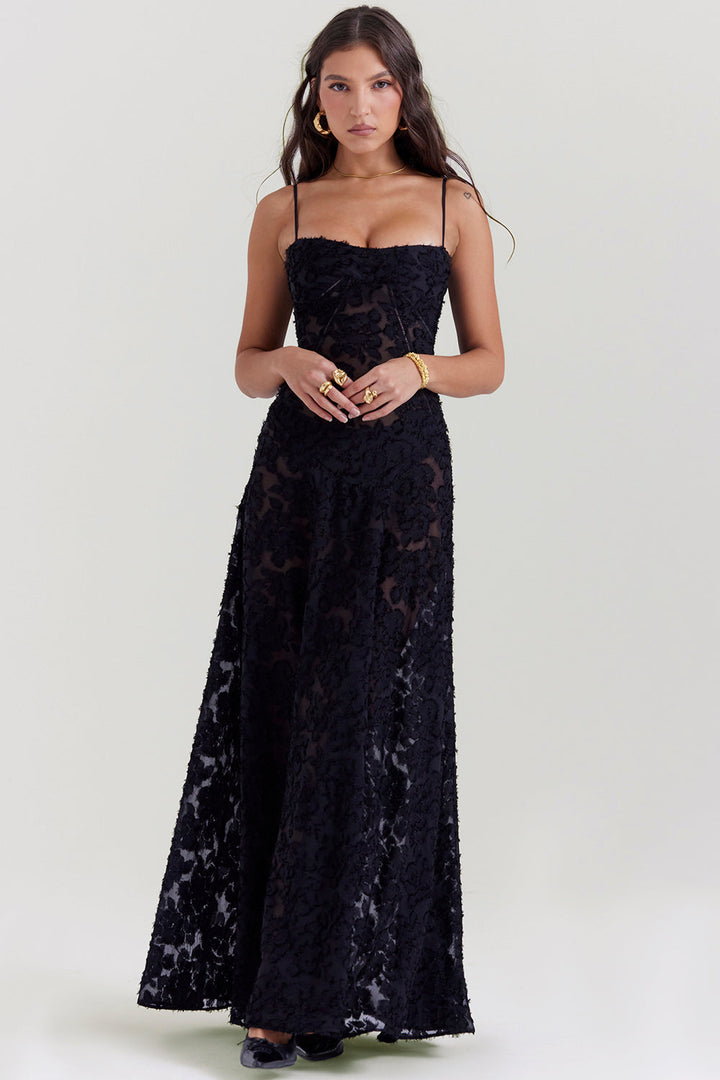 Romantische Zomerjurk Met Bloemenprint En Luchtige Stof-Zomer Jurken-Calora-Zwart-8 - 10 (S)-Calora