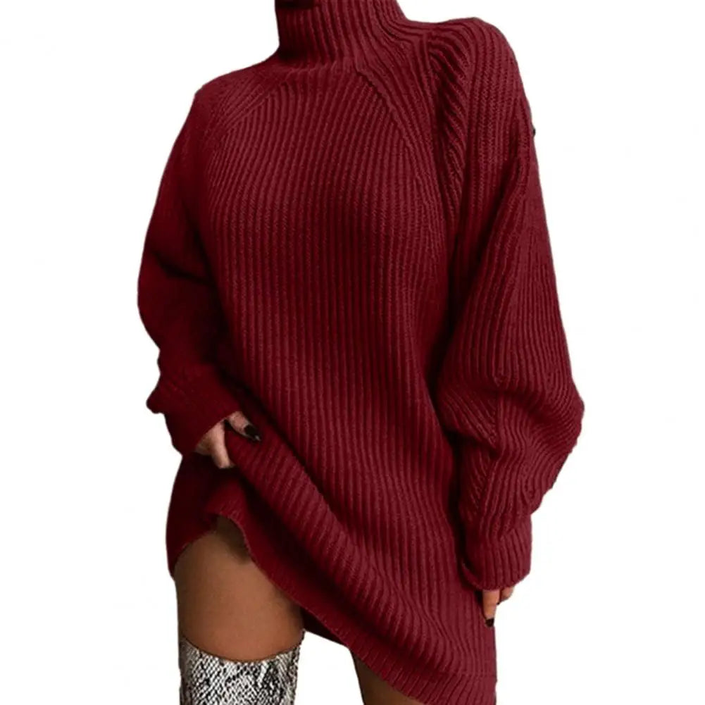 Romy | Dames herfst/winter mid-length raglanmouw trui jurk-Jumpsuits-Calora-Wijnrood-S-Calora