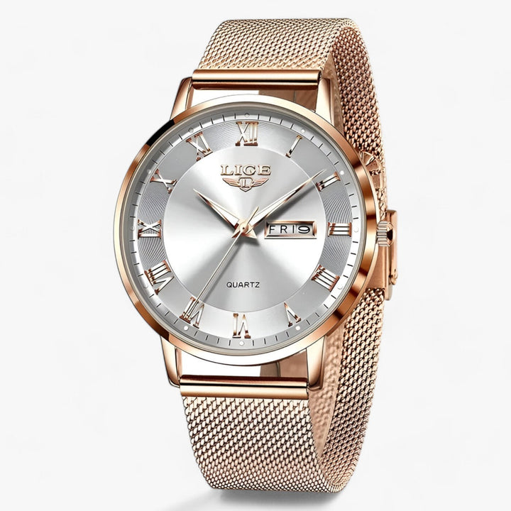Rond elegante staal-mesh Horloge-Horloges-Calora-Roségoud wit-Calora