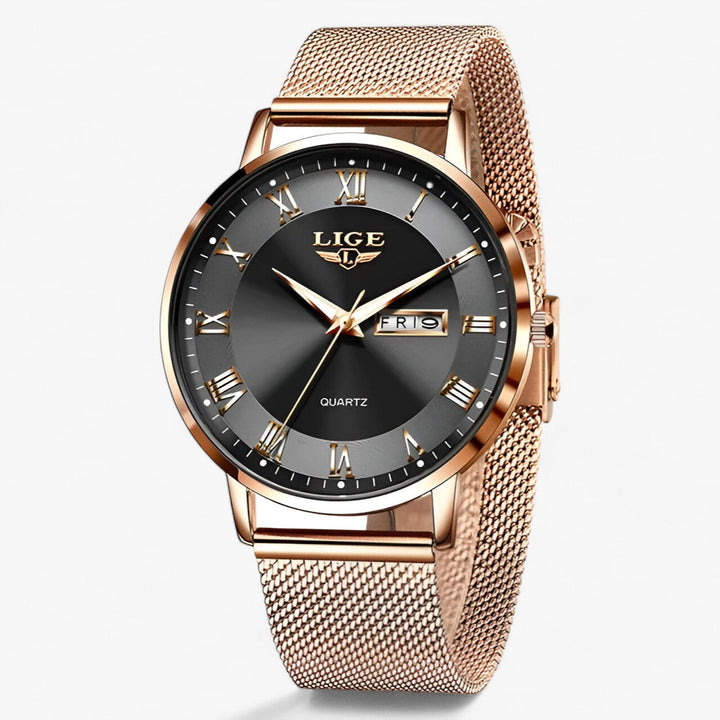 Rond elegante staal-mesh Horloge-Horloges-Calora-Roségoud zwart-Calora