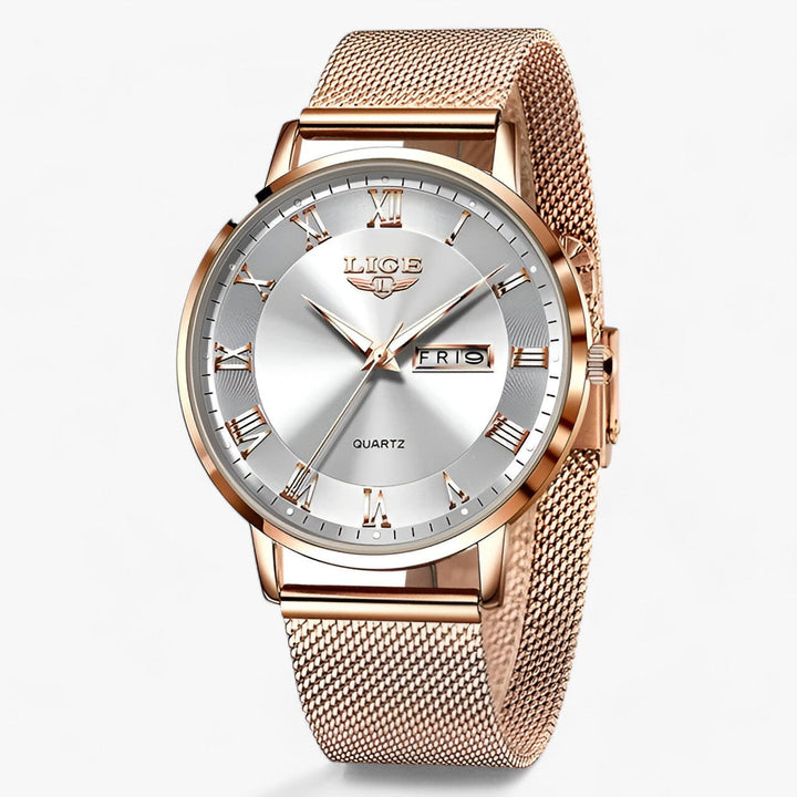 Rond elegante staal-mesh Horloge-Horloges-Calora-Roségoud zwart-Calora