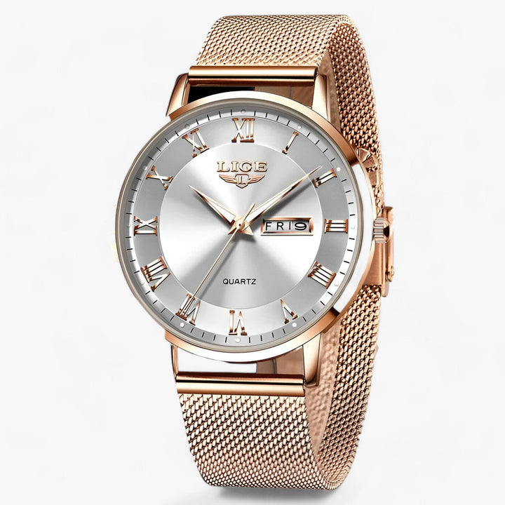 Rond elegante staal-mesh Horloge-Horloges-Calora-Roségoud zwart-Calora