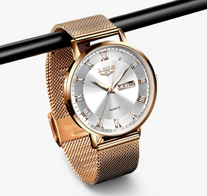 Rond elegante staal-mesh Horloge-Horloges-Calora-Roségoud zwart-Calora