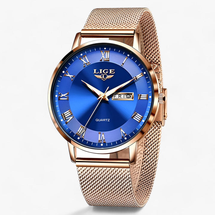 Rond elegante staal-mesh Horloge-Horloges-Calora-Roségoudblauw-Calora