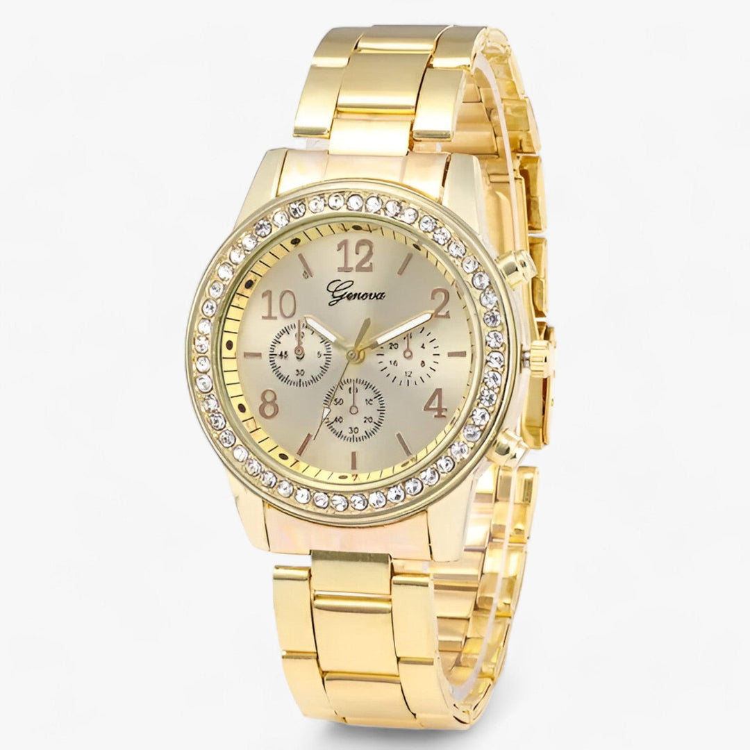 Rond Horloge met Rhinestones en Zilveren Roestvrijstalen Band-Horloges-Calora-Goud-Calora