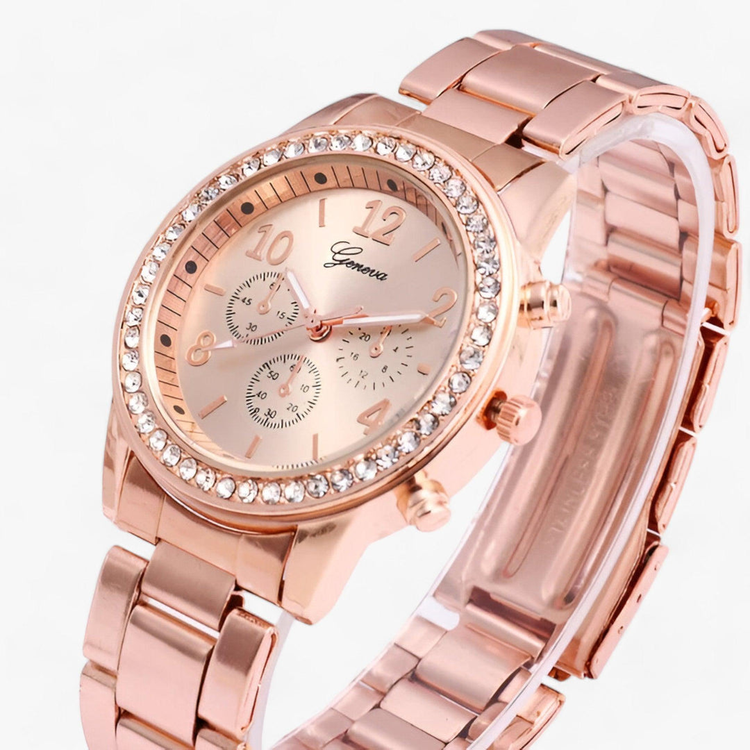 Rond Horloge met Rhinestones en Zilveren Roestvrijstalen Band-Horloges-Calora-Roze-Calora