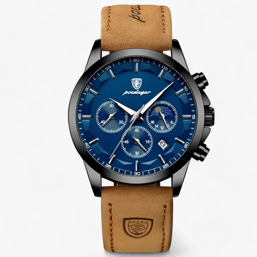 Ronde Horloge met Leder band-Horloges-Calora-Leer-Roségoud Blauw-S-Calora