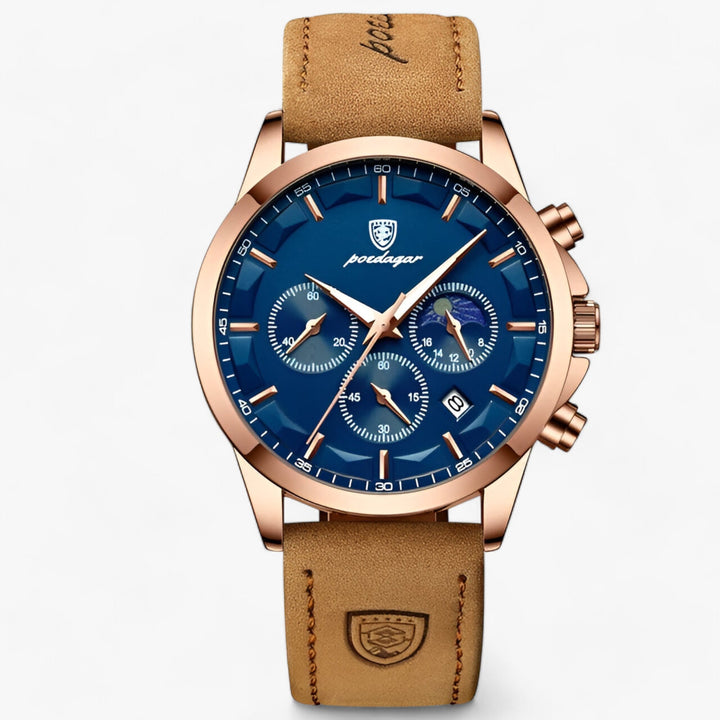Ronde Horloge met Leder band-Horloges-Calora-Leer-Roségoud Blauw-S-Calora