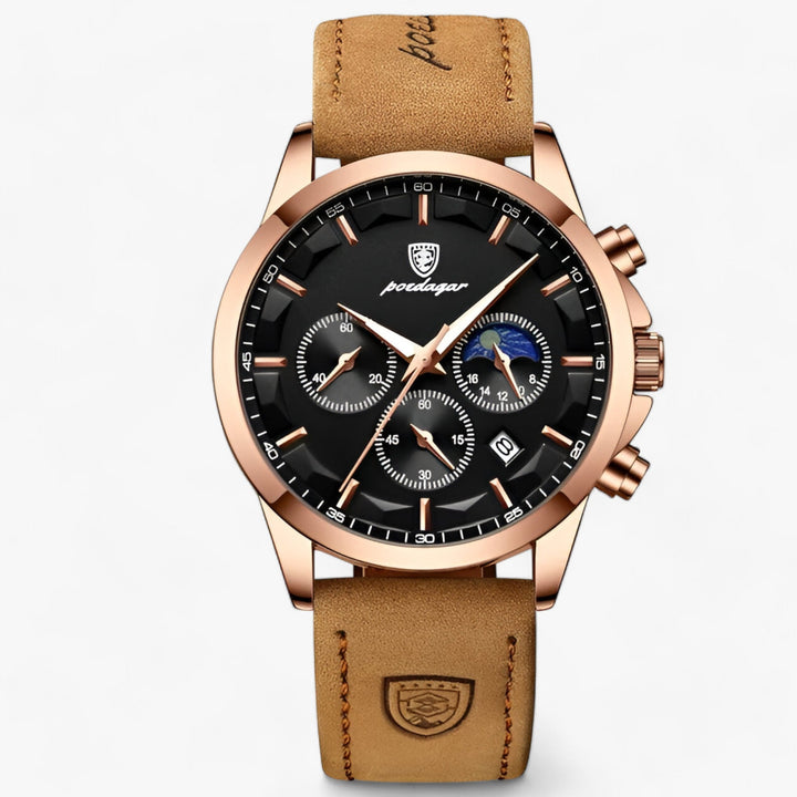 Ronde Horloge met Leder band-Horloges-Calora-Leer-Roségoud Zwart-S-Calora
