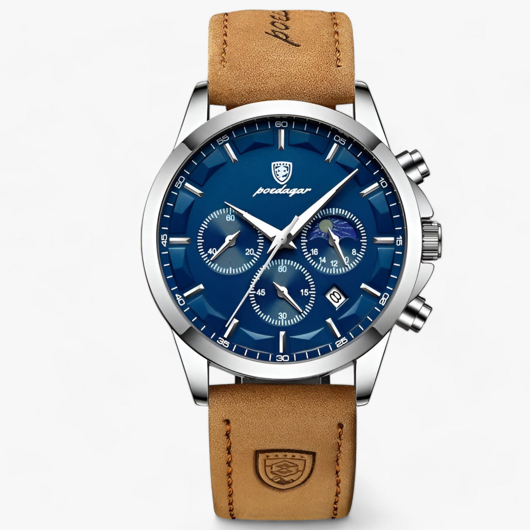 Ronde Horloge met Leder band-Horloges-Calora-Leer-Zilver Blauw-S-Calora