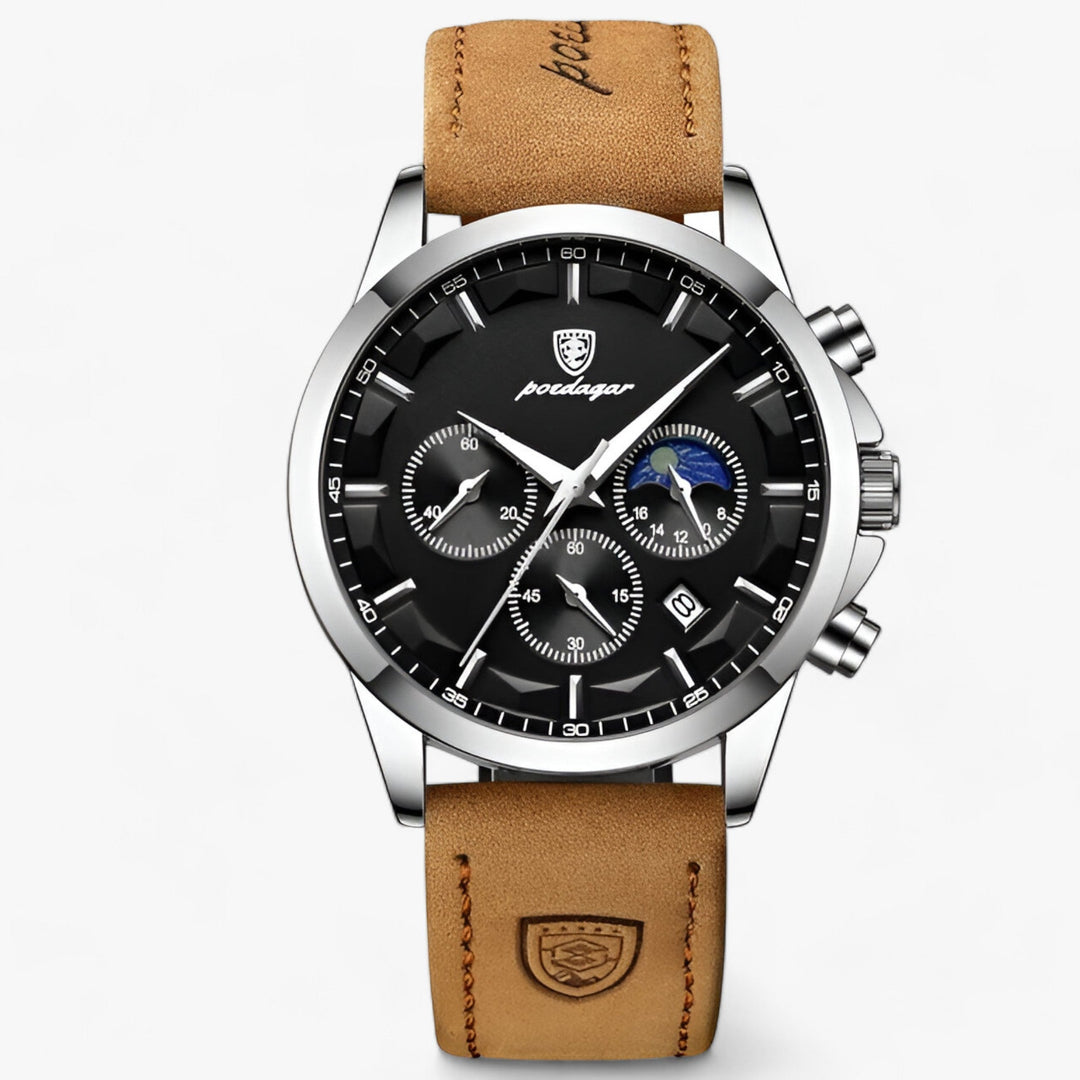 Ronde Horloge met Leder band-Horloges-Calora-Leer-Zilver Zwart-S-Calora