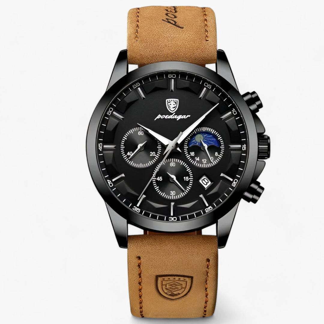 Ronde Horloge met Leder band-Horloges-Calora-Leer-Zwart-S-Calora
