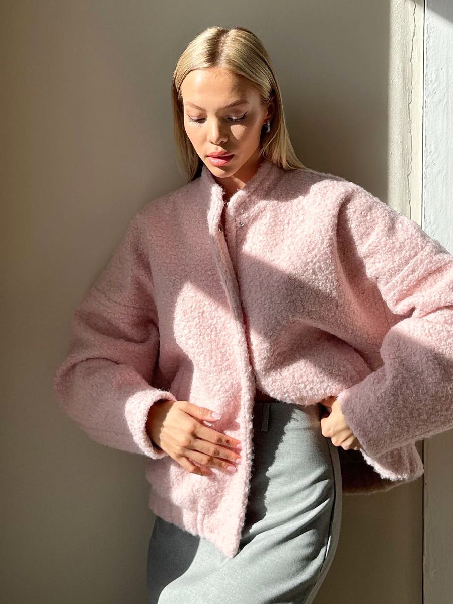 CALORA_ Roze Casual Winterjas met Opstaande Kraag en Verlaagde Schoudermouwen