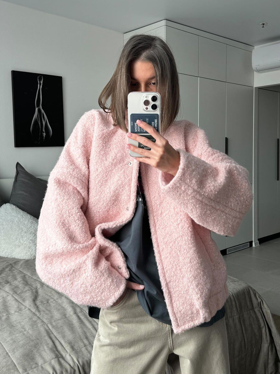 CALORA_ Roze Casual Winterjas met Opstaande Kraag en Verlaagde Schoudermouwen