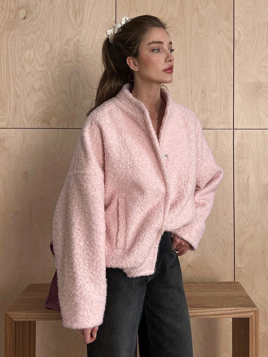 CALORA_ Roze Casual Winterjas met Opstaande Kraag en Verlaagde Schoudermouwen