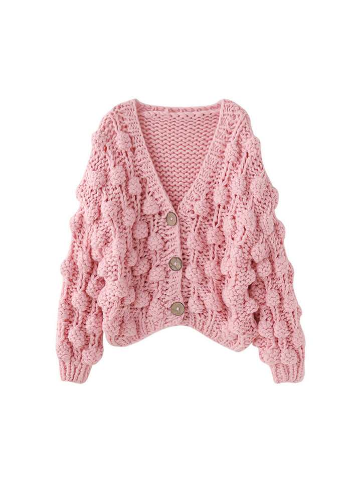 CALORA_ Roze Popcorn Gebreide Cardigan voor Dames - Handgemaakt en Comfortabel