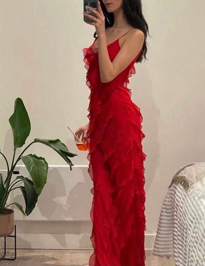 Ruches Jurk Met A Lijn Voor Feest Strand En Bruiloft Zomer-Zomer Jurken-Calora-Rood-8 - 10 (S)-Calora