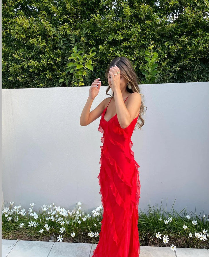 Ruches Jurk Met A Lijn Voor Feest Strand En Bruiloft Zomer-Zomer Jurken-Calora-Rood-8 - 10 (S)-Calora