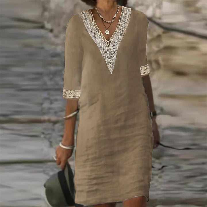 Sabucina | Elegante Linnen Zomer Jurk-Zomer Jurken-Calora-Khaki-S-Calora