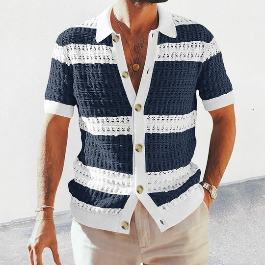 Salvar | Gebreide casual Overhemd-Overhemden-Calora-Donkerblauw-M-Calora