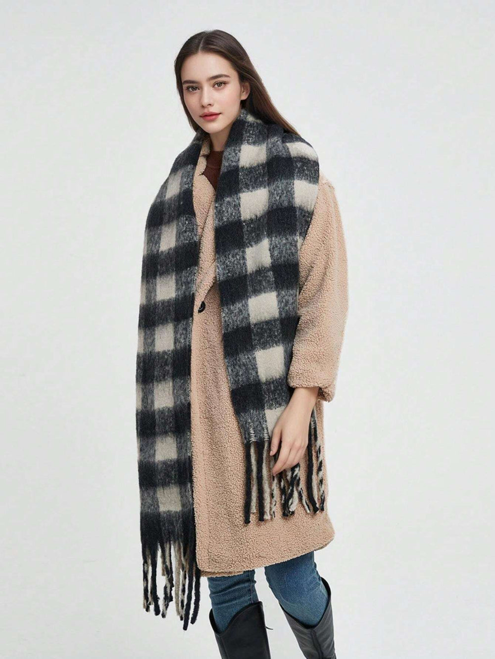 Scarvello | Dikke Warme Geruite Winter Sjaal-Home Decor-Calora-Zwart - Wit-38x230cm-Calora