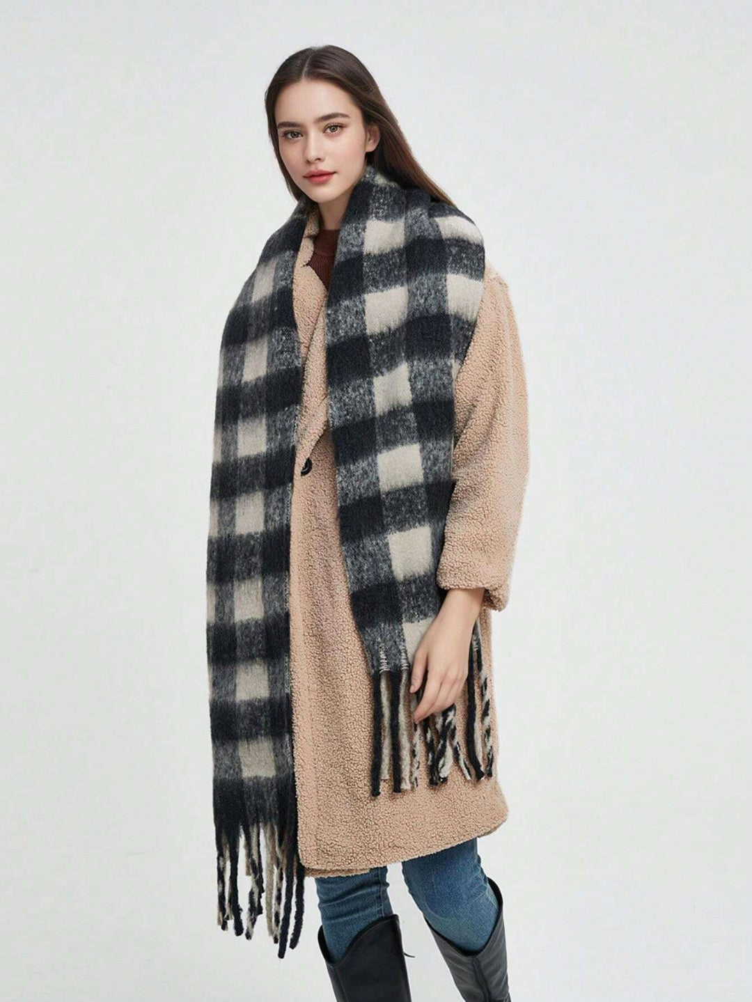 Scarvello | Dikke Warme Geruite Winter Sjaal-Home Decor-Calora-Zwart - Wit-38x230cm-Calora