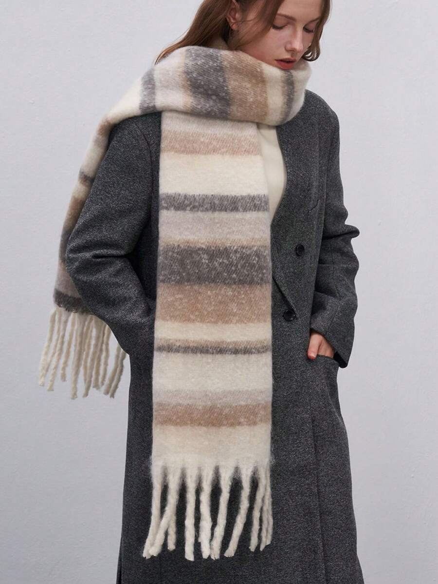 Scarvello | Dikke Warme Gestreepte Winter Sjaal-Home Decor-Calora-Beige-38x230cm-Calora