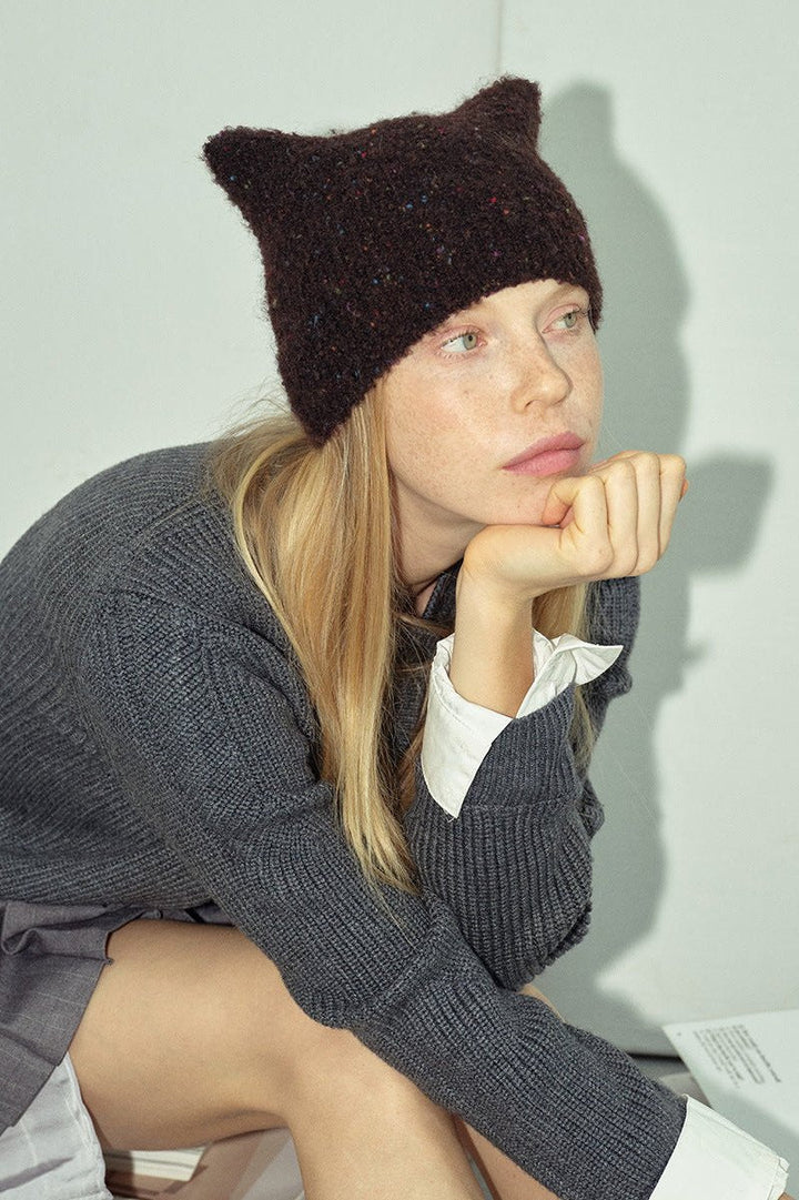 CALORA_ Schattige Gebreide Wol Beanie Hoed met Kattenoren voor Dames